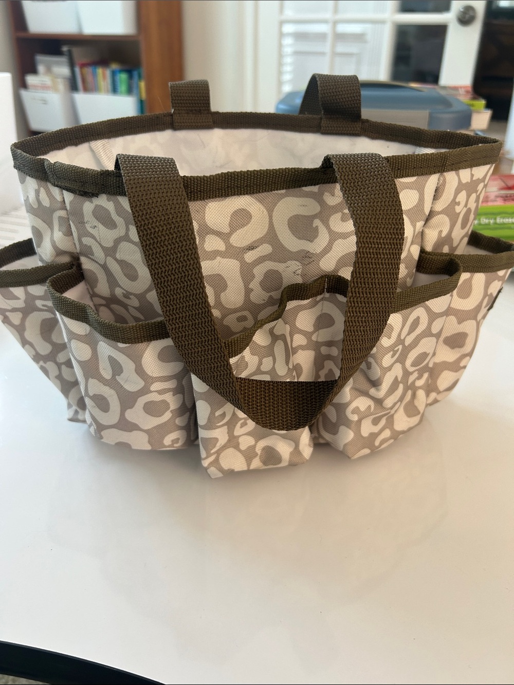 Thirty-One Neutral Leopard Print Utility Caddy - Taupe & Olive Handles